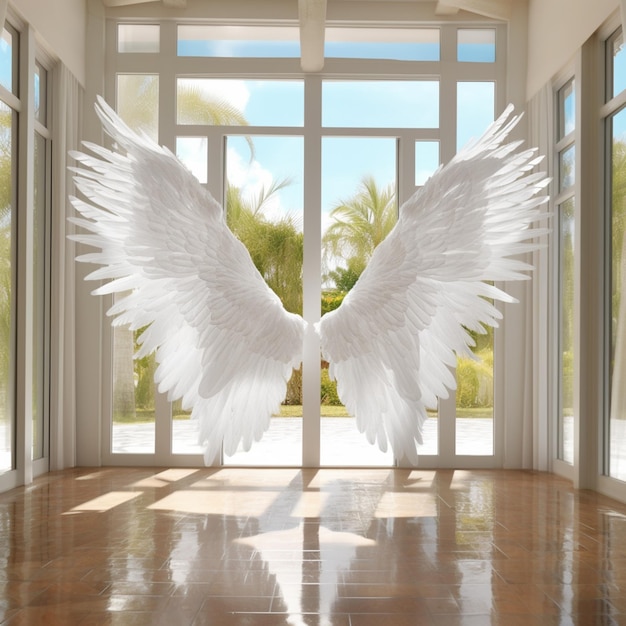 W pokoju generatywnym jest duże białe skrzydła anioła.