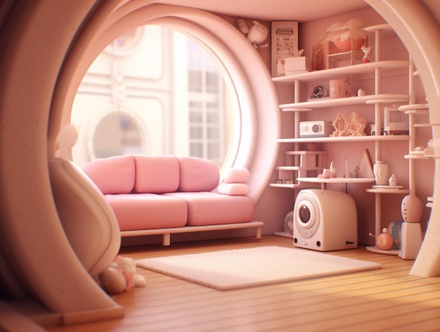 W pokoju generatywnym jest różowa kanapa i różowe krzesło