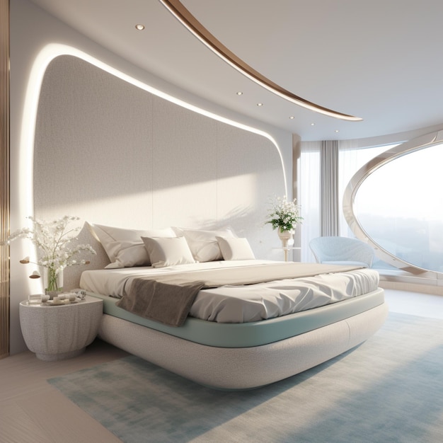 W pokoju generatywnym znajduje się łóżko z zakrzywionym wezgłowiem