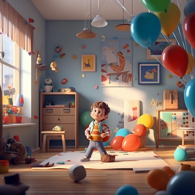w pokoju stoi chłopiec z balonami generatywnymi AI
