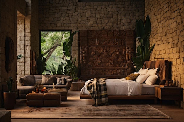 W pokoju z kamiennym murem generatywnym znajduje się łóżko i kanapa