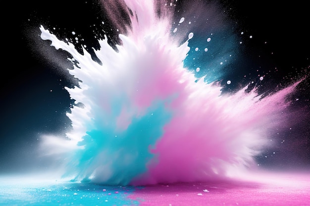 W powietrze zostaje wyrzucona kolorowa eksplozja różowego i niebieskiego proszku.