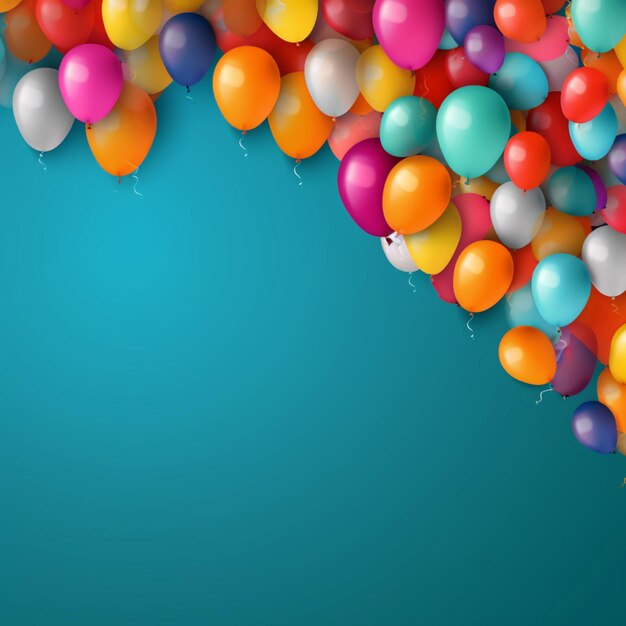 Zdjęcie w powietrzu pływa wiele balonów na niebieskim tle.