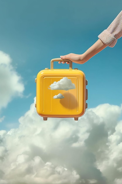 W powietrzu unosi się żółta walizka.
