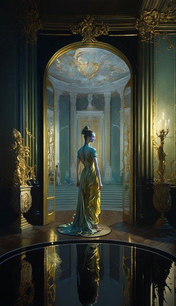 W przejściu stoi obraz przedstawiający kobietę w złotej sukience.