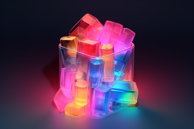 w przezroczystym pojemniku generatywnym znajduje się wiele różnych kolorowych butelek