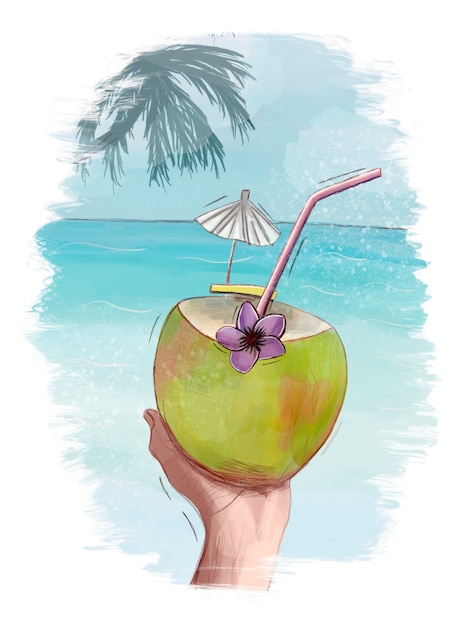 Zdjęcie w ręku kokos ze słomką i kwiatkiem na tle oceanu i palmy. koncepcja lato, turystyka i podróże.