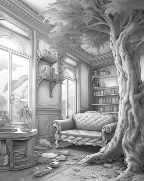 W rogu znajduje się rysunek pokoju dziennego z drzewem generatywnym ai