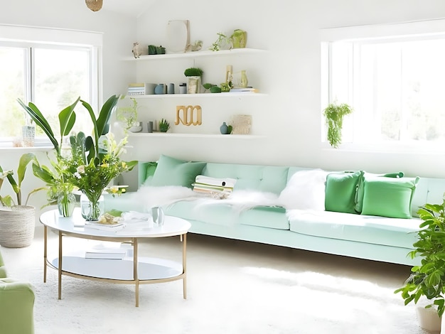 Zdjęcie w salonie z białym biurkiem i zieloną kanapą.