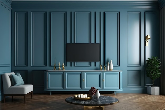 W salonie znajdują się niebieskie ściany w zabudowie, szafki na telewizor i dywan