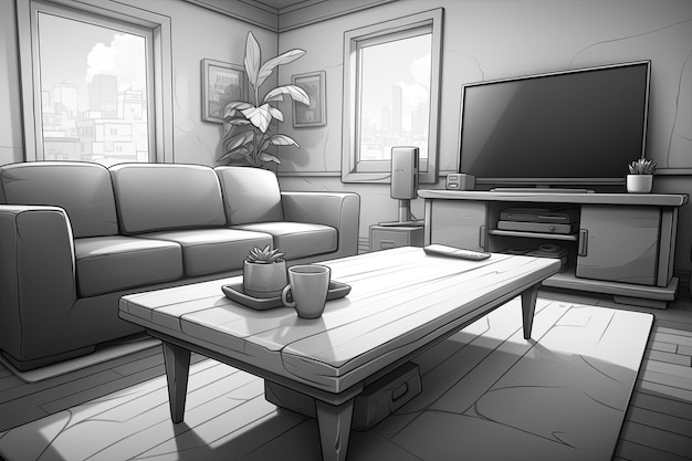 W salonie znajduje się kanapa stolik kawowy z ekranem telewizyjnym i dywanik Generative AI