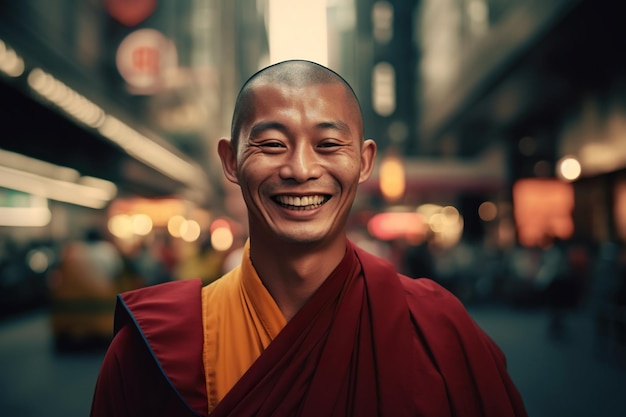 W sercu tętniącego życiem miasta szczęśliwy buddyjski lama uśmiecha się ciepło promieniując radością i wewnętrznym spokojem Generative AI