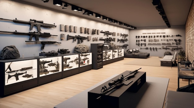 w sklepie pokazana jest ściana broni i broni.