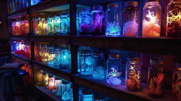 W słabo oświetlonym pomieszczeniu rzędy słoików wypełnionych różnymi bioluminescencyjnymi organizmami stoją na półkach.