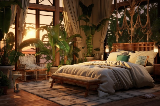 W smakowo urządzonej sypialni jest drewniane łóżko otoczone pięknymi meblami...