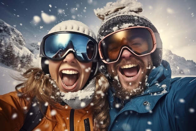 Zdjęcie w śnieżną zimę, w sezonie narciarskim, snowboardzi cieszą się z zimowych selfie.