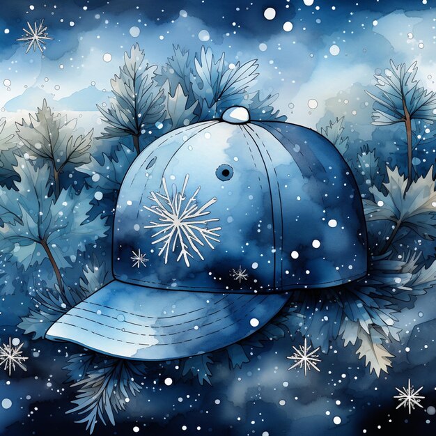 w śnieżnej generatywnej AI leży niebieski kapelusz z płatkami śniegu