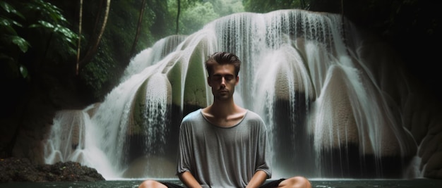 W spokojnej, naturalnej scenerii zdjęcie z bliska przedstawia osobę pogrążoną w głębokiej medytacji, siedzącą u podstawy wodospadu