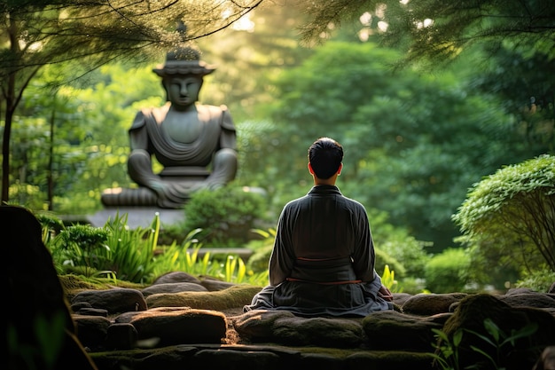 W spokojnym ogrodzie buddyjski praktykujący siedzi w medytacji znajdując wewnętrzny pokój pośród spokoju