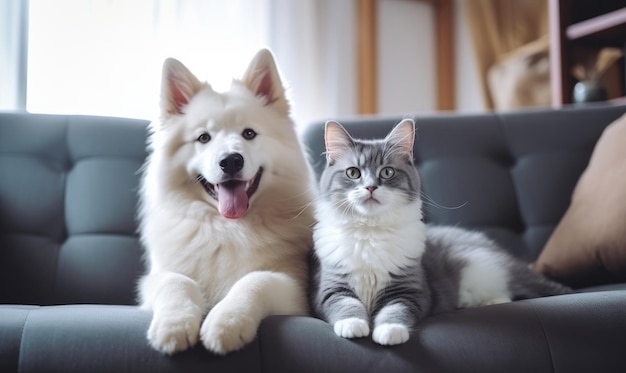 W spokojnym salonie dwa urocze zwierzaki, pies i kot, cieszą się swoim towarzystwem na przestronnej kanapie oświetlonej naturalnym światłem
