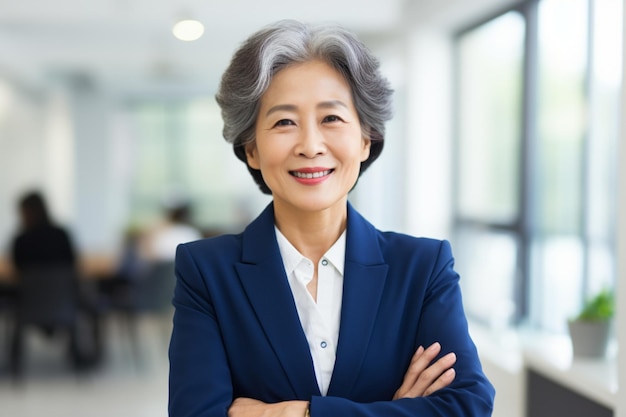 W średnim wieku Azjatycka bizneswoman w błękitnym kostiumu z szczęśliwym wyrażeniem