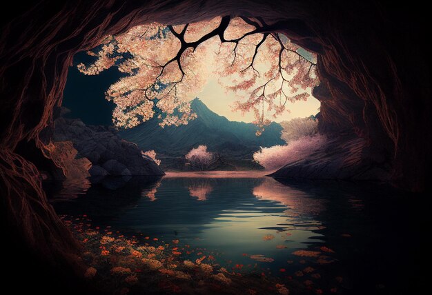 W środku jeziora sakura rośnie w jaskini wygenerowanej przez AI