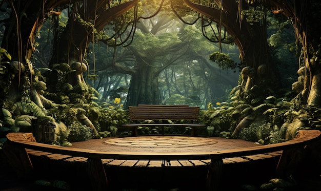 Zdjęcie w środku lasu znajduje się ławka z dużą ilością drzew generatywnych