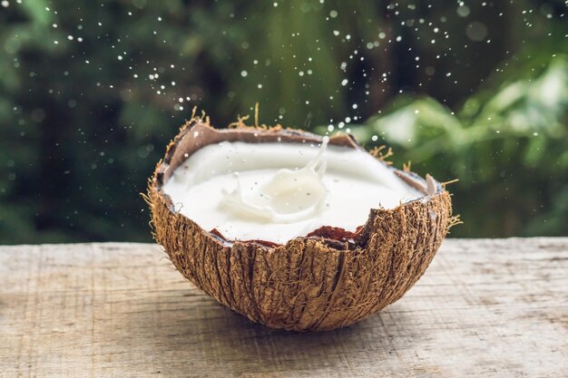 W środku pluskają się owoce kokosowe i mleko na tle palmy.
