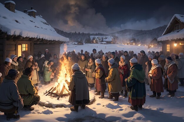 Zdjęcie w środku zimowych mrozów mieszkańcy wioski jednoczą się w rytuale rozpalania ognia