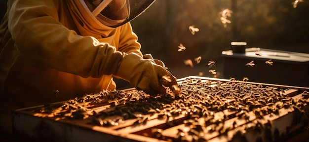 W stroju ochronnym pszczelarz prezentuje plaster miodu ucieleśniający wiedzę pszczelarską