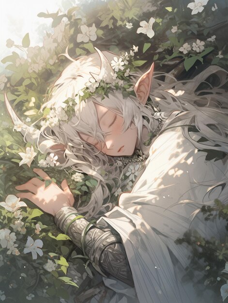 w stylu anime obraz kobiety z białymi włosami i rogami na polu kwiatów generatywny ai
