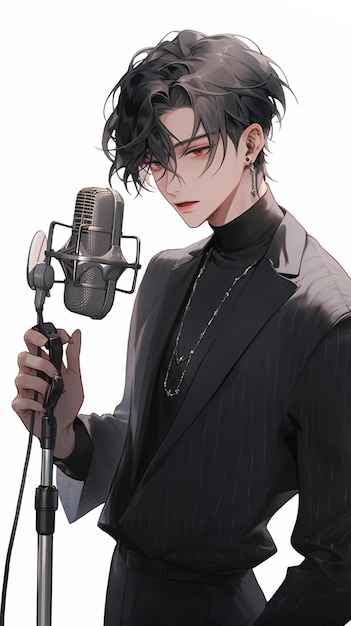 w stylu anime obraz mężczyzny w garniturze trzymającego mikrofon generatywny ai