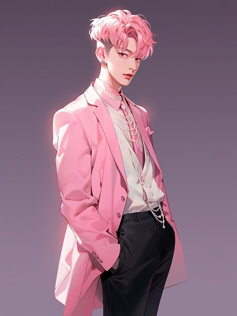Zdjęcie w stylu anime obraz mężczyzny w różowym garniturze i krawacie generatywny ai