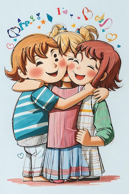 Zdjęcie w stylu kreskówki przedstawienie przyjaciół świętujących dzień przyjaźni, ręce połączone w dzień kochanków