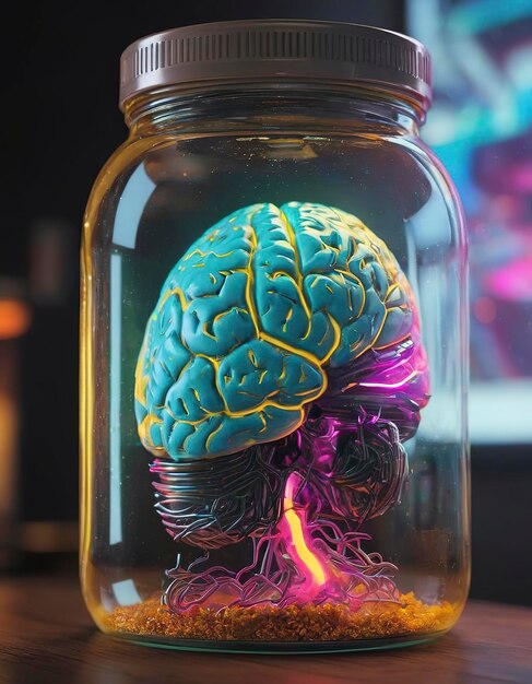 w stylu neonpunk ludzki mózg rosnący w słoiku
