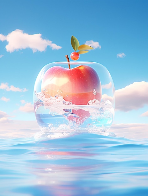 w szklanej misce unoszącej się na wodzie generatywnej AI znajduje się czerwone jabłko