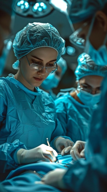W szpitalnej sali operacyjnej zespół lekarzy używa sprzętu medycznego Lekarz-chirurg trzyma instrument laparoskopiczny w brzuchu pacjenta
