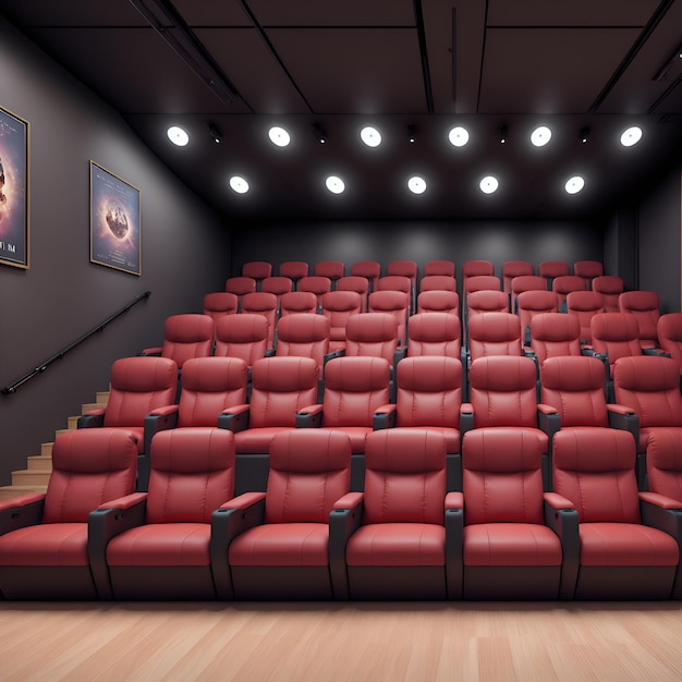 Zdjęcie w teatrze, gotowy do nadchodzącego przedstawienia, tętniący życiem szereg czerwonych siedzeń