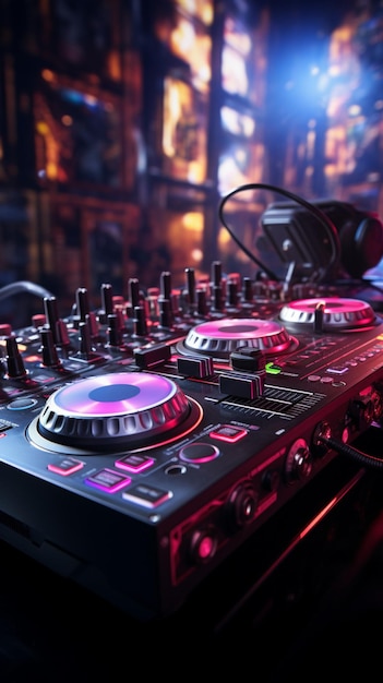 W tętniącej życiem atmosferze klubu nocnego różowe słuchawki DJ towarzyszą mikserowi dźwięku Vertical Mobile