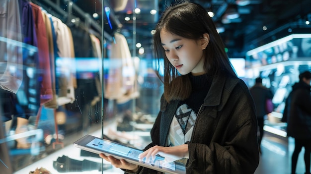 W tętniącej życiem dzielnicy inteligentnego miasta chińska projektantka mody rysuje nowe pomysły na cyfrowym tabletu otoczona holograficznymi wyświetlaczami swoich kreacji