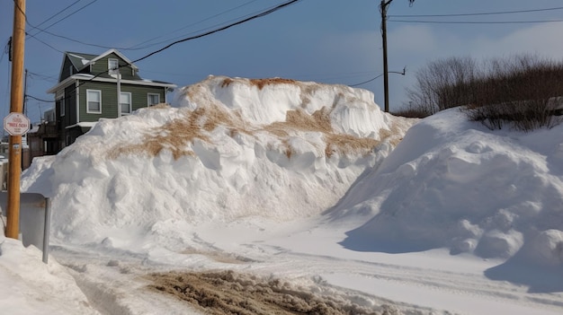 W tle dom z napisem „śnieg”.