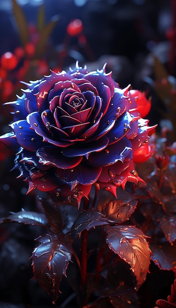 w tle generatywnej ai znajduje się fioletowa róża z czerwonymi liśćmi