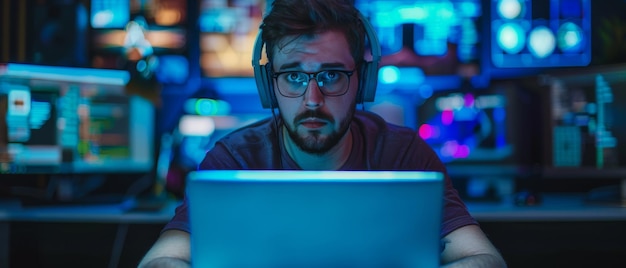 Zdjęcie w tle jest ciemne neonowe środowisko wysokiej technologii z wieloma wyświetlaczami, które jest oglądane przez okulary i zestaw słuchawkowy twórcy oprogramowania hakera gracza siedzącego przy swoim