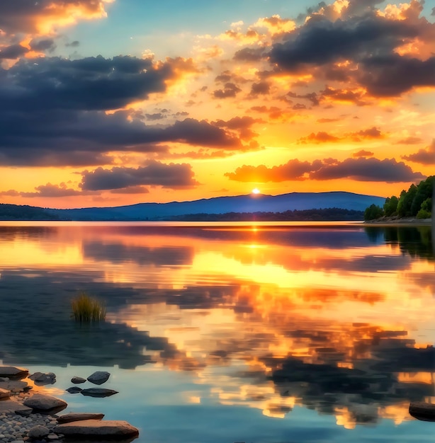 W tle panorama zachodu słońca na jeziorze