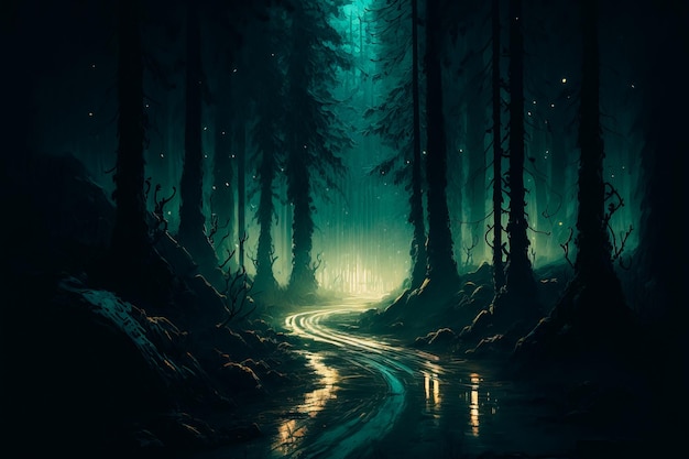 W tym dziele sztuki las nocą jest przedstawiony w szorstkim stylu malarskim