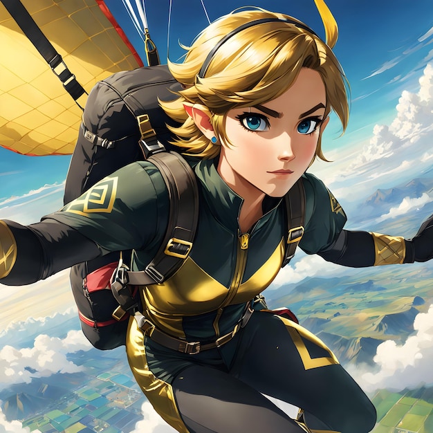 W tym oszałamiającym utworze Link skacze ze spadochronem na paragliderze w eleganckim czarnym i złotym tu