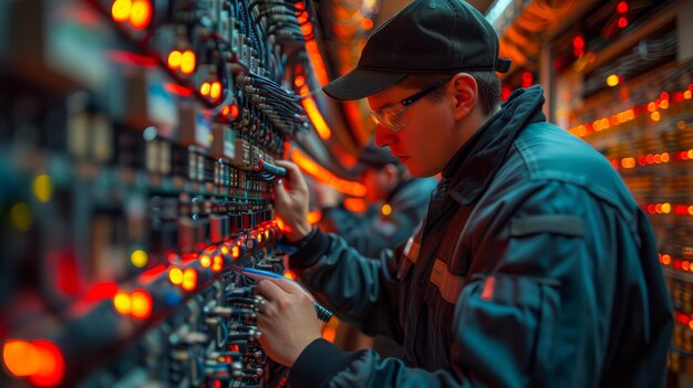 W tym ujęciu dwaj technicy pracują razem w serwerowni. Są ekspertami w dziedzinie sieci.