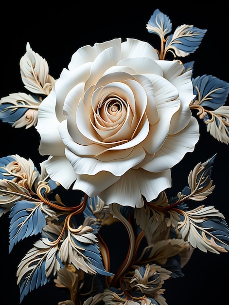 w wazonie generatywnym AI znajduje się biała róża z niebieskimi liśćmi
