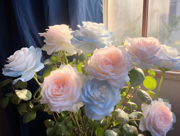 w wazonie przy oknie znajduje się wiele różowych i niebieskich róż