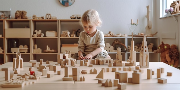 W wesołej atmosferze przedszkola dziecko bawi się drewnianymi zabawkami, rozwijając wyobraźnię podczas odkrywania świata nieskończonych możliwości i radości Generative AI